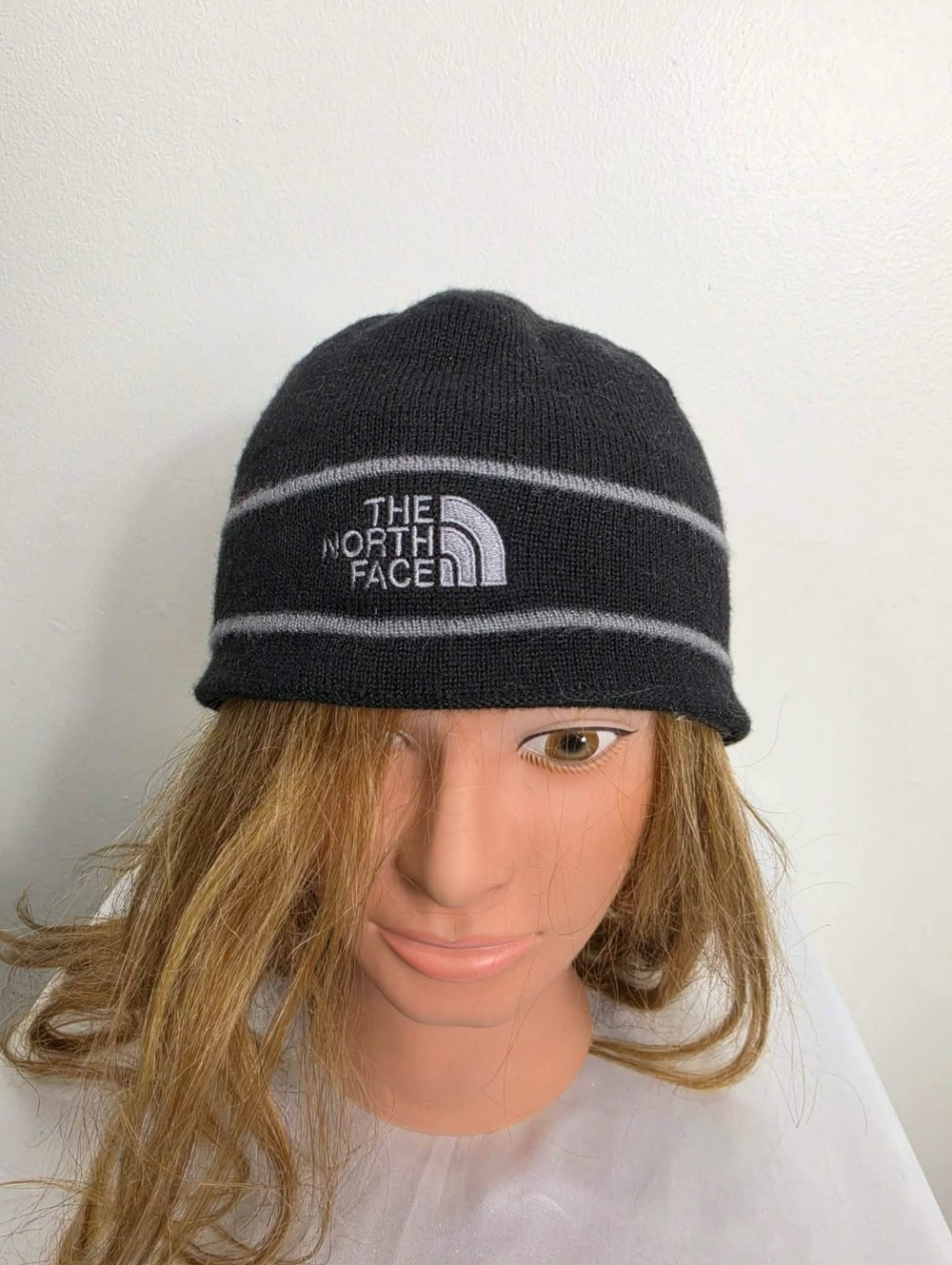 The North Face Black Beanie with Gray Stripes